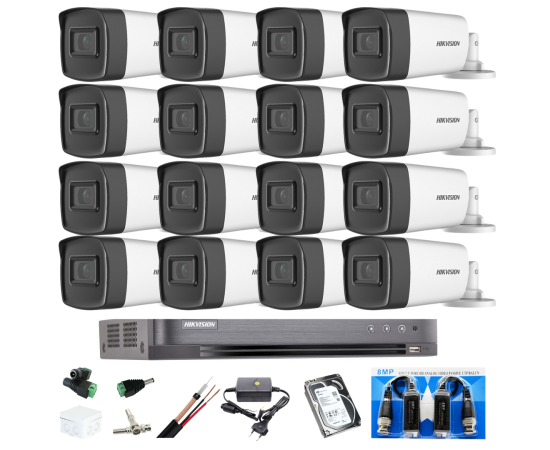 Kit complet 16 camere supraveghere exterior 5mp turbo hd hikvision 40 m ir, accesorii +hard 4tb