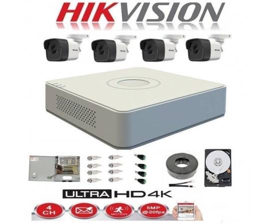 Kit complet 4 camere supraveghere exterior 5mp turbohd hikvision ir 20m dvr 4 canale sursa alimentare accesorii + hard 1tb