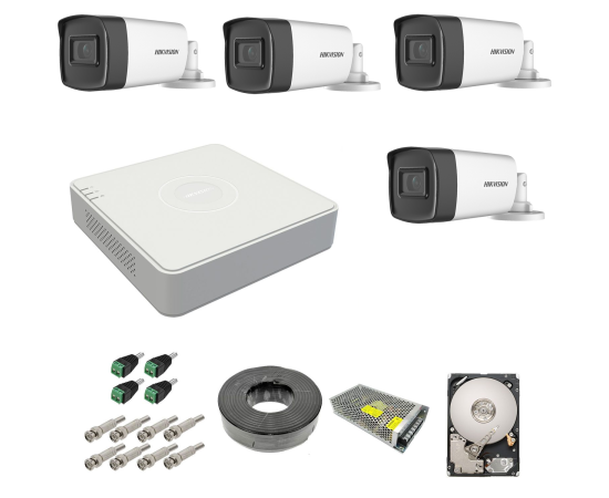 Kit complet 4 camere supraveghere exterior 5mp turbohd hikvision ir 40m dvr 4 canale sursa alimentare accesorii  hard 1tb