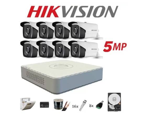 Kit complet 8 camere supraveghere exterior 5mp turbohd hikvision 40 m ir, accesorii+hard 2tb