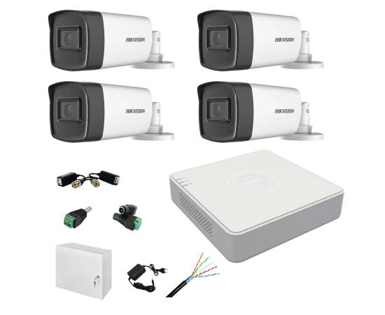 Kit complet profesional 4 camere supraveghere exterior 5mp turbohd hikvision ir 40m dvr 4 canale accesorii incluse