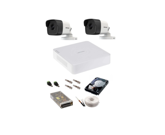 Kit complet supraveghere 5 mp hikvision turbo hd cu 2 camere bullet ir 20 m,alimentatori, cabluri, mufe, hdd 500 gb, vizualizare pe internet