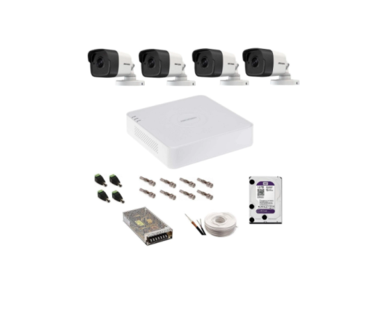 Kit complet supraveghere 5 mp hikvision turbo hd cu 4 camere exterior dvr turbohd 8mp ir 25m hdd 1 tb accesorii complete vizualizare pe telefonul mobil