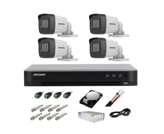 Kit complet supraveghere 5 mp lite hikvision turbo hd cu 4 camere bullet ir 20m,alimentatori, cabluri, mufe, hdd 1 tb, vizualizare pe internet