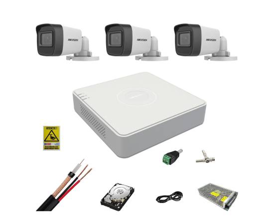 Kit complet supraveghere 5mp hikvision cu 3 camere bullet ir 25m, alimentatori, cabluri, mufe, hdd 500 gb, vizualizare pe internet