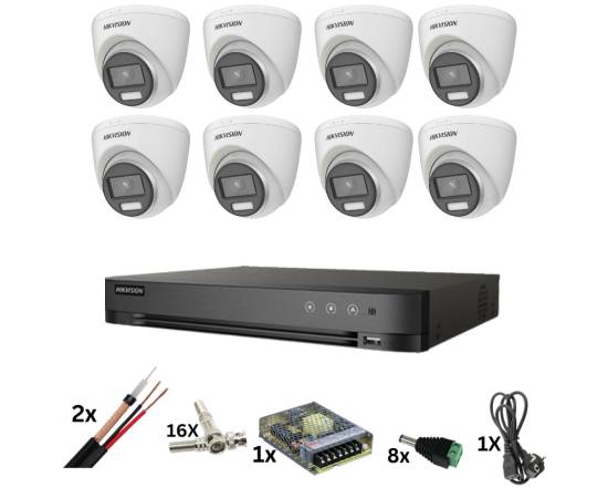 Kit de supraveghere hikvision, 8 camere poc, colorvu de 8 megapixeli, lumina color 40m, lentila 2.8mm, dvr cu 8 canale de 8 megapixeli, accesorii