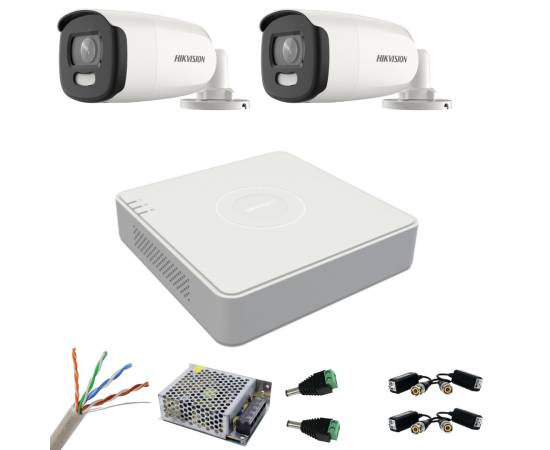 Kit de supraveghere hikvision 2 camere 5mp colorvu, color noaptea 40m, dvr cu 4 canale 8 mp, accesorii incluse