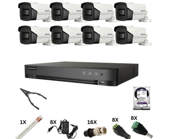 Kit de supraveghere hikvision cu 8 camere, 8 megapixeli, infrarosu 60m, dvr 8 canale 8 megapixeli, hard, accesorii