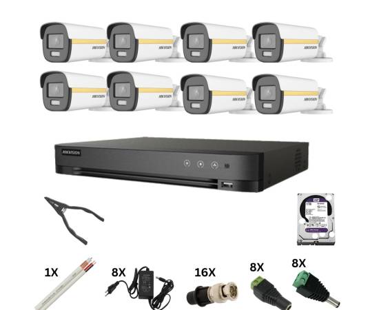 Kit de supraveghere hikvision cu 8 camere poc, colorvu 8 megapixeli, lumina color 40m, dvr 8 canale 8 megapixeli, hard, accesorii