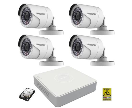 Kit pentru supraveghere, echipament hikvision full hd 1080p cu 4 camere de supraveghere cu ir 20 m si hdd 1 tb western digital wd10purx inclus!