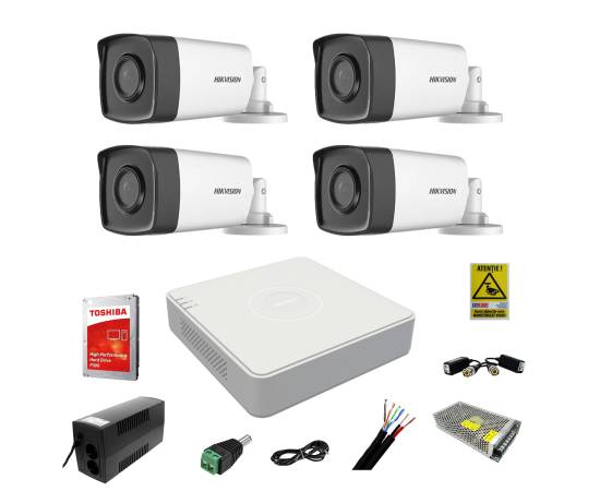 Kit sistem complet 4 camere supraveghere exterior hikvision full hd 80 m ir hard 1tb