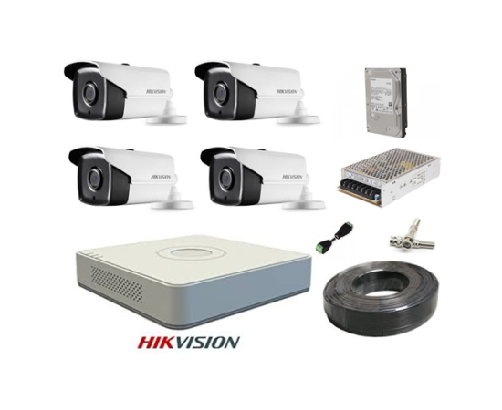 Kit sistem profesional 4 camere supraveghere full hd 40 m ir hikvision complet, lentila 2.8mm+ accesorii +hard 1tb+cadou ups well