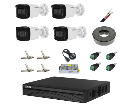 Kit supraveghere 4 camere 8mp 4k cu ir 80m, microfon, dvr dahua , accesorii incluse