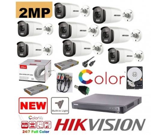 Kit supraveghere 8 camere profesional hikvision  2mp color vu cu ir 40m (color noapte ) , accesorii incluse, hdd 2tb