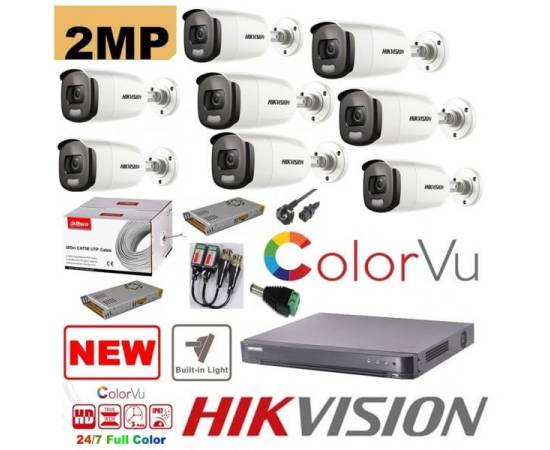 Kit supraveghere 8 camere profesional hikvision 2mp color vu cu ir 40m (color noapte ) , accesorii incluse