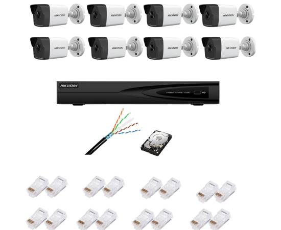 Kit supraveghere complet cu 8 camere ip, 4mp, ir 30m, lentilă 2.8mm, nvr cu 8 canale ip, ultra hd 4k, accesorii