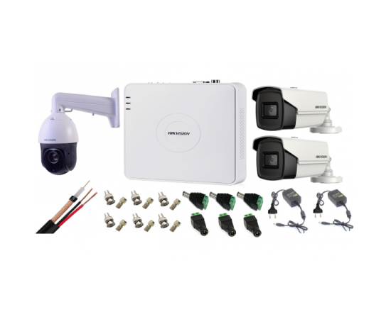 Kit supraveghere hikvision 3 camere 1 speed dome turbohd 2mp ir 100m zoom 25x 2 camere 5mp ir 40m dvr 4 canale full accesorii