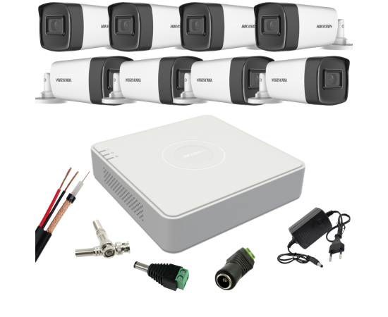 Kit supraveghere hikvision cu 8 camere, 2 megapixeli, infrarosu 80m, lentila 3.6mm, dvr cu 8 canale, accesorii