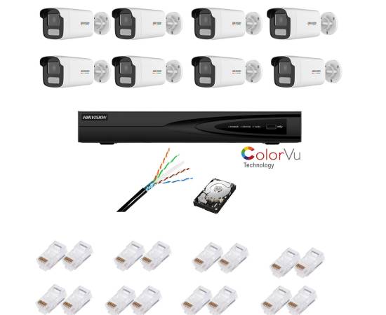 Kit supraveghere ip cu 8 camere colorvu, 4mp, lentilă 4mm, lumină albă 50m, nvr cu 8 canale ip 4k, accesorii, hikvision