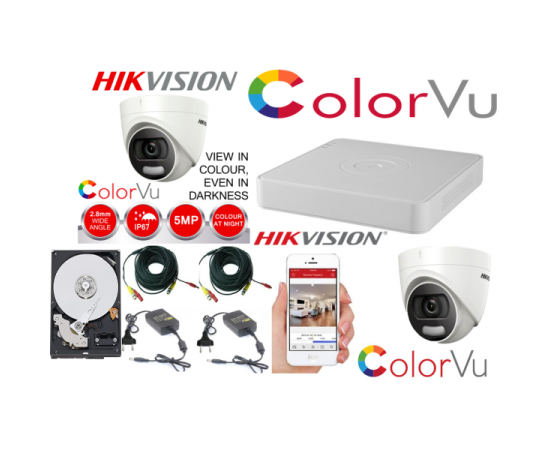 Kit supraveghere profesional hikvision color vu 2 camere 5mp ir20m dvr 4 canale full accesorii cu hdd