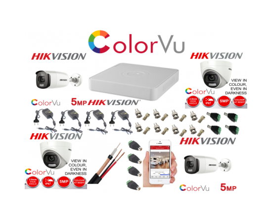 Kit supraveghere profesional mixt hikvision color vu 4 camere 5mp ir40m si ir20m , full accesorii