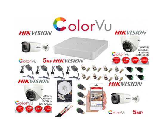 Kit supraveghere profesional mixt hikvision color vu 4 camere 5mp ir40m si ir20m dvr 4 canale full accesorii si hdd 1tb