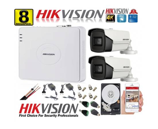 Kit supraveghere ultraprofesional hikvision 2 camere 8mp 4k ir 80m dvr 4 canale accesorii incluse si hdd