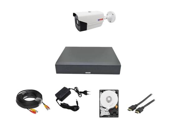 Kit supraveghere video 1 camera exterior full hd, ir 40m oem hikvision, dvr 4 canale 5mp, cablu 20m gata mufat, hdmi cadou, hdd 500gb