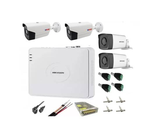 Kit supraveghere video 4 camere 2mp, 2 camere hikvision cu infrarosu 40m si 2 rovision cu 40m ir, accesorii incluse