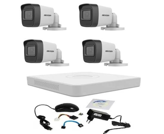 Kit supraveghere video 5 mp hikvision turbo hd cu 4 camere dvr 4 canale si cadou cablu hdmi vizualizare pe telefon mobil