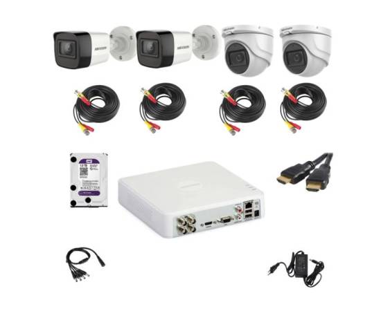 Kit supraveghere video hikvision 5mp format din 2 camere interior 2 camere exterior dvr 4 canale si accesorii complete incluse