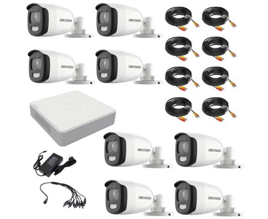 Kit supraveghere video hikvision 8 camere colorvu 2mp, lumina alba 20m, dvr 8 canale 4 mp lite, accesorii