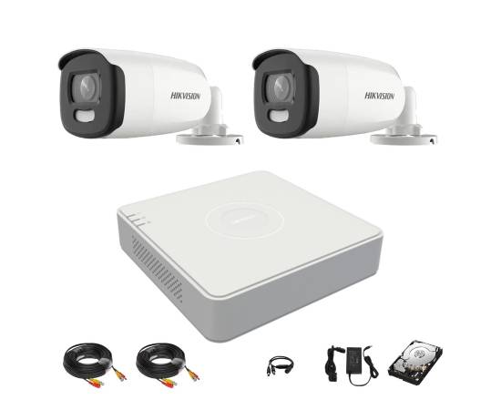 Sistem 2 camere hikvision colorvu 5mp 2.8mm lumina alba 40m, dvr 4 canale, accesorii, hard disk 1tb