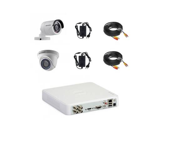 Sistem camere supraveghere video mixt complet 2 camere hikvision full hd cu ir 20 m plug and play, dvr 4 canale, accesorii