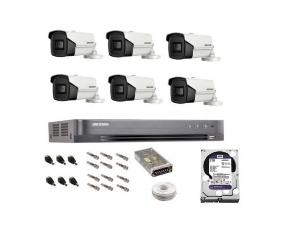 Sistem complet de supraveghere profesional hikvision 6 camere ir60m, dvr 8 canale turbo hd, inregistrare 4k, hdd 2 tb, 100 m cablu cctv, vizualizare pe telefon