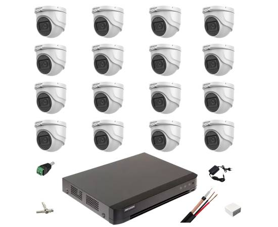 Sistem de supraveghere 16 camere 5mp hikvision 2.8mm ir 30m, dvr acusense 16 canale video, accesorii instalare