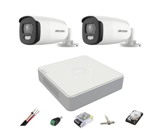 Sistem de supraveghere 2 camere colorvu hikvision 5mp, lumina alba 40m, 2.8mm, dvr 4 canale, accesorii montaj, hard disk 1tb