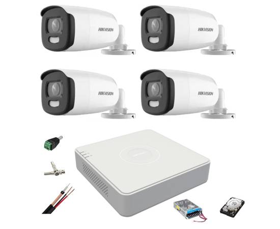 Sistem de supraveghere 4 camere colorvu hikvision 5mp, lumina alba 40m, 2.8mm, dvr 4 canale, accesorii montaj, hard disk 1tb