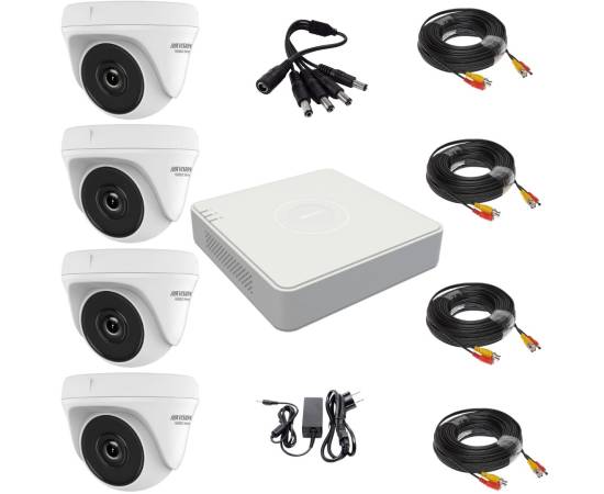 Sistem de supraveghere 4 camere hikvision, seria hiwatch, full-hd, infrarosu 20 metri, accesorii incluse, vizualizare live gratuită prin aplicația mobilă