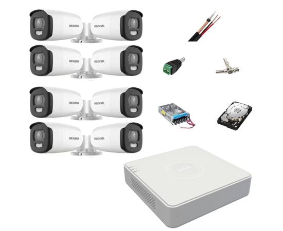 Sistem de supraveghere 8 camere exterior hikvision colorvu 5mp, lumina alba 40m, dvr 8 canale hikvision, accesorii, hard disk