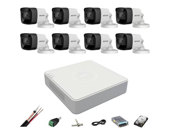 Sistem de supraveghere 8 camere hikvision 4 in 1 8mp, 3.6mm, ir 80m, dvr 8 canale, accesorii de montaj, hard disk