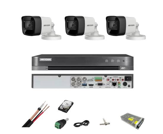 Sistem de supraveghere complet hikvision turbo hd, inregistrare 4k sau 8,3 mp,cu 3 camere de exterior si ir 30 m