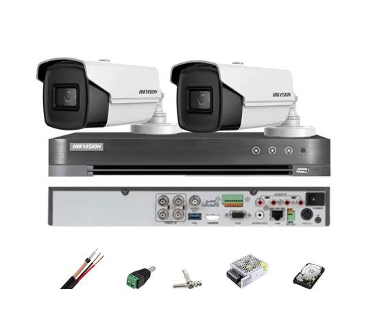 Sistem de supraveghere hikvision 2 camere bullet 8mp, ir 80m, 4 in 1 lentila 3.6mm, dvr 4 canale, accesorii, hard disk