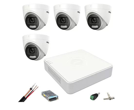 Sistem de supraveghere hikvision 4 camere interior 5mp colorvu, lumina alba 20m, dvr 4 canale turbohd, accesorii