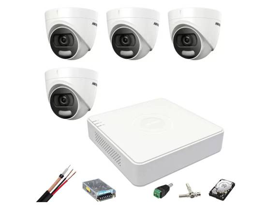 Sistem de supraveghere hikvision 4 camere interior 5mp colorvu, lumina alba 20m, dvr 4 canale turbohd 8 mp, accesorii, hard disk