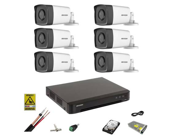 Sistem de supraveghere hikvision 6 camere 5mp 2.8mm, ir 40m, dvr  8 canale 8mp, accesorii, hard disk 1tb