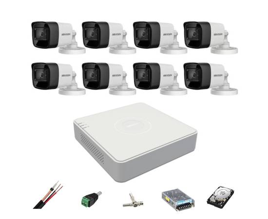 Sistem de supraveghere hikvision 8 camere exterior 8mp, 4 in 1, ir 30m, dvr 8 canale 4k 8mp, accesorii, hard disk