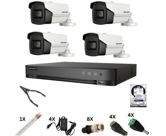 Sistem de supraveghere hikvision cu 4 camere 8 megapixeli, infrarosu 60m, dvr 4 canale 8 megapixeli, hard, accesorii