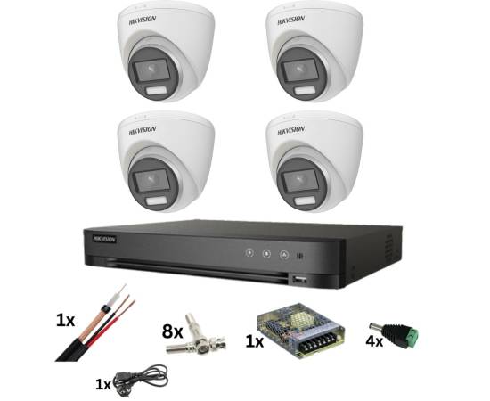 Sistem de supraveghere hikvision cu 4 camere poc, colorvu 8mp, lumina color 40m, lentila 2.8mm, dvr de 4 canale 8 megapixeli, accesorii