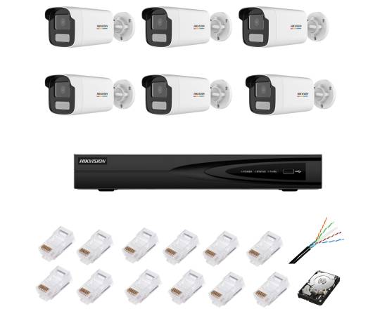 Sistem de supraveghere ip cu 6 camere colorvu, 4mp, lentilă 4mm, lumină albă 50m, nvr cu 8 canale ip 4k, accesorii, hikvision